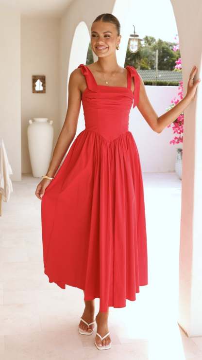 Haisley Tie Strap Midi Dress - Red