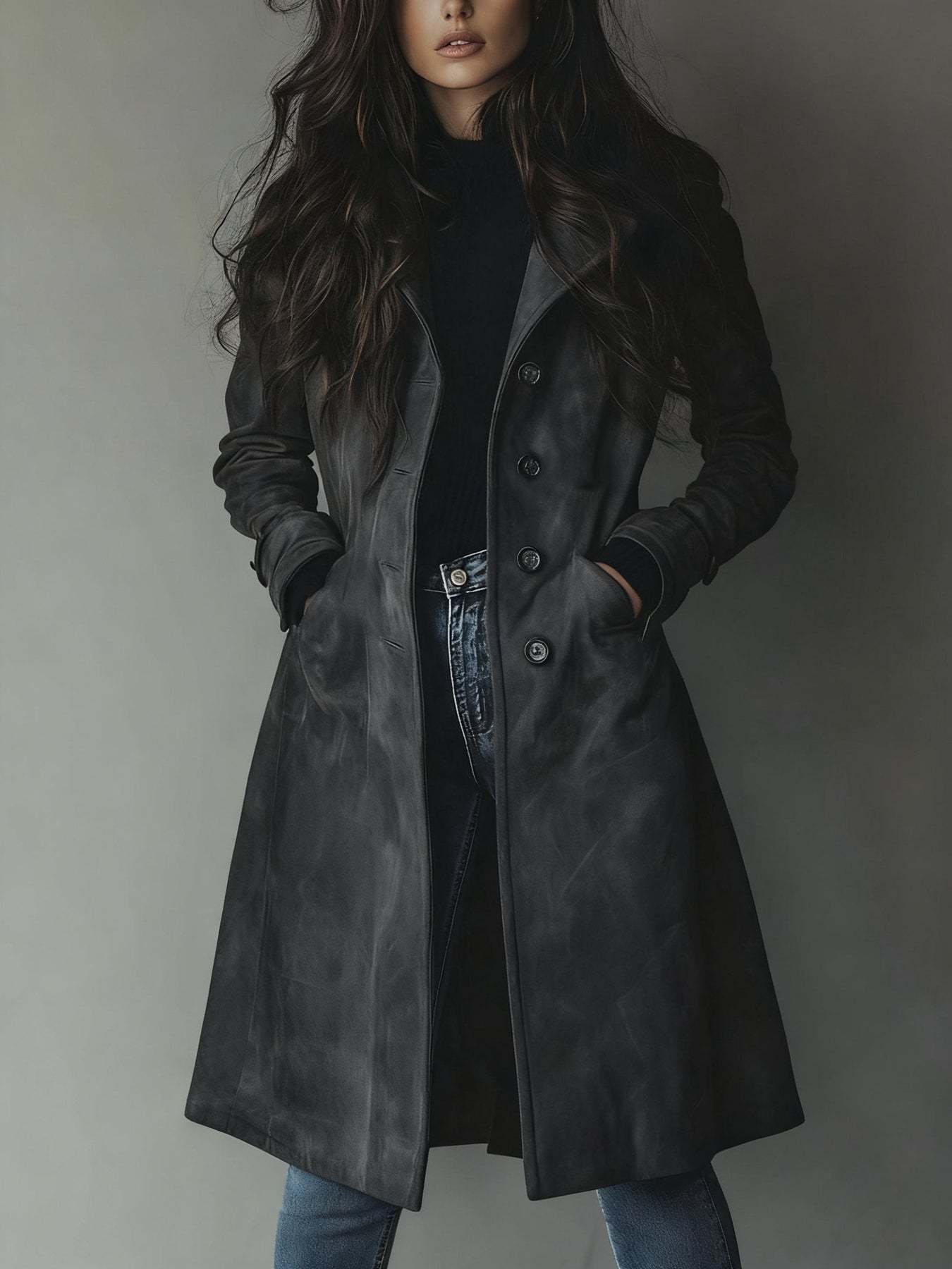 Haley Suede Tailored Button Front Long Coat