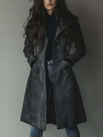Haley Suede Tailored Button Front Long Coat