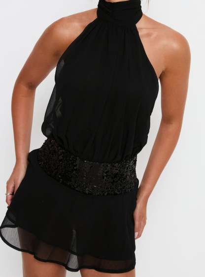 Halima Halter Sequin Mini Dress - Black