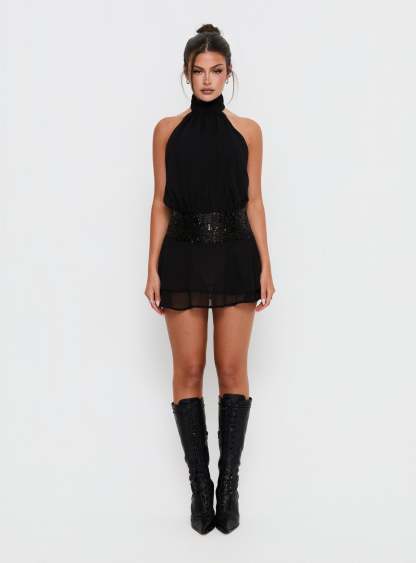 Halima Halter Sequin Mini Dress - Black