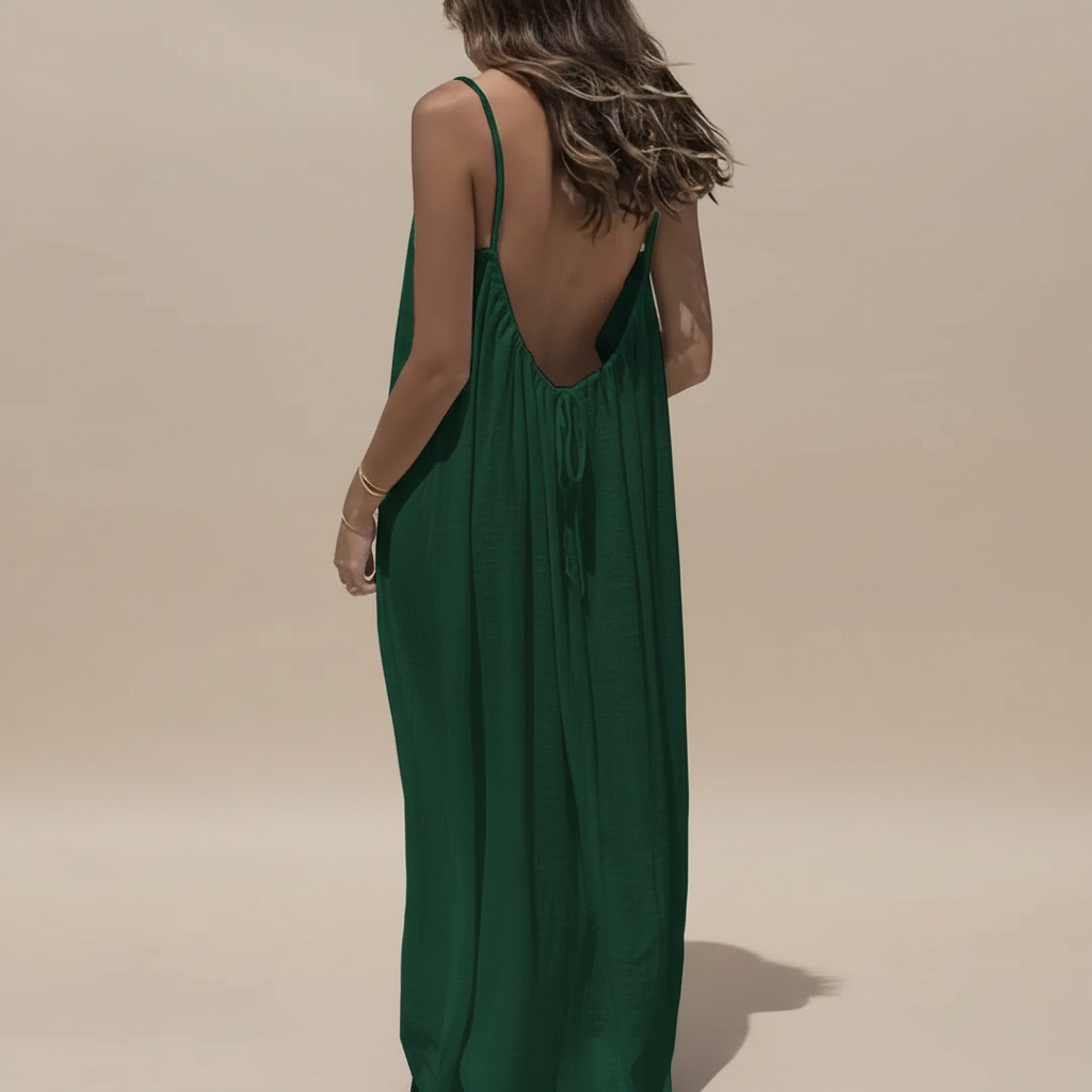 Forest green maxi dress with ruched fabric and open back detail view
