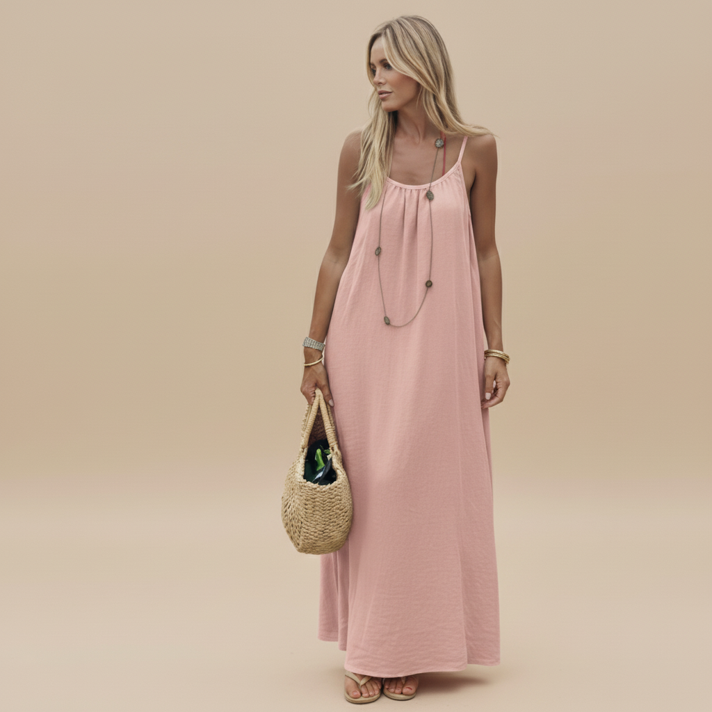 Pink maxi dress with draped silhouette and long flowing skirt, styled with straw bag