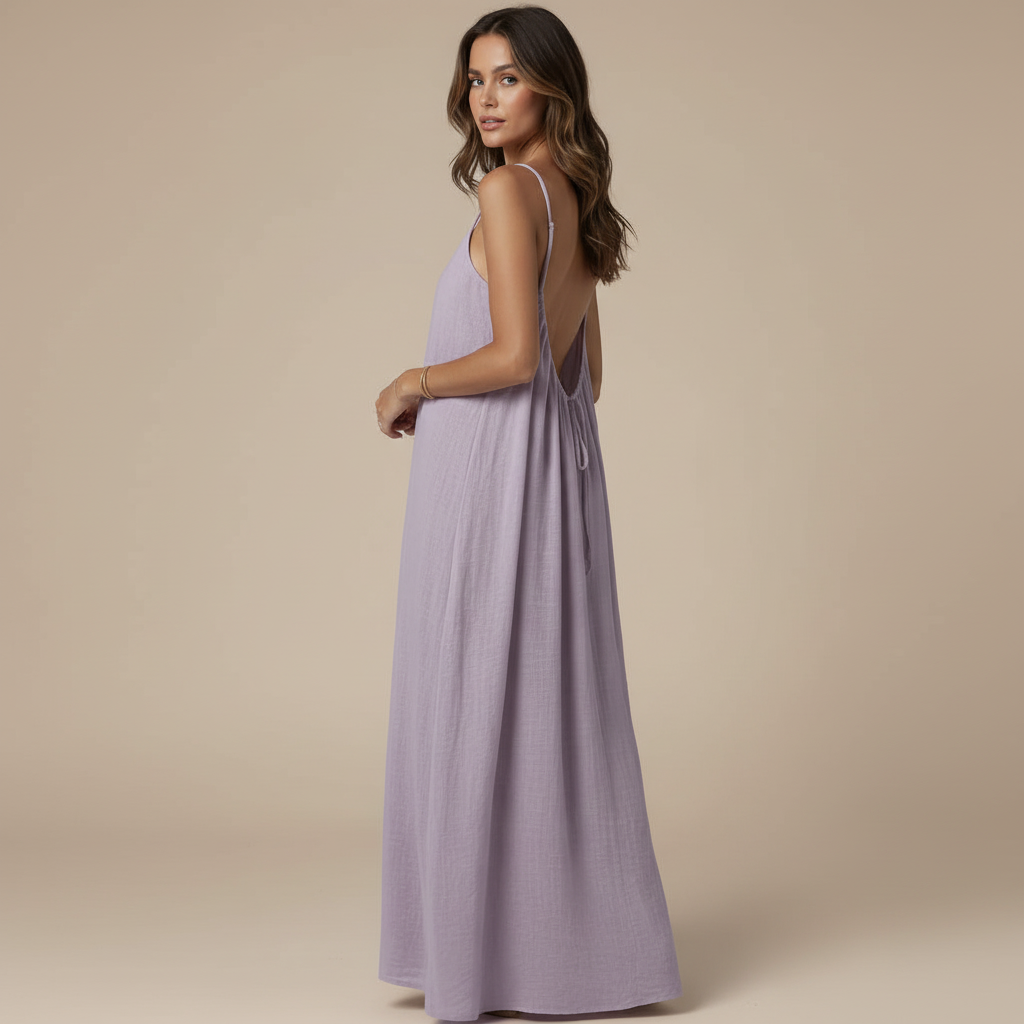 Lavender sleeveless maxi dress with ruched chest detail and open back design