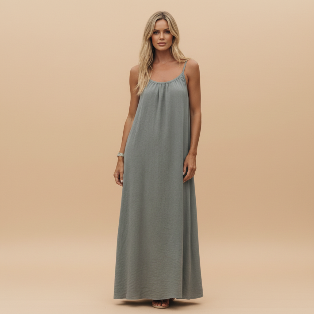 Sage green sleeveless maxi dress with gathered bust and relaxed A-line silhouette