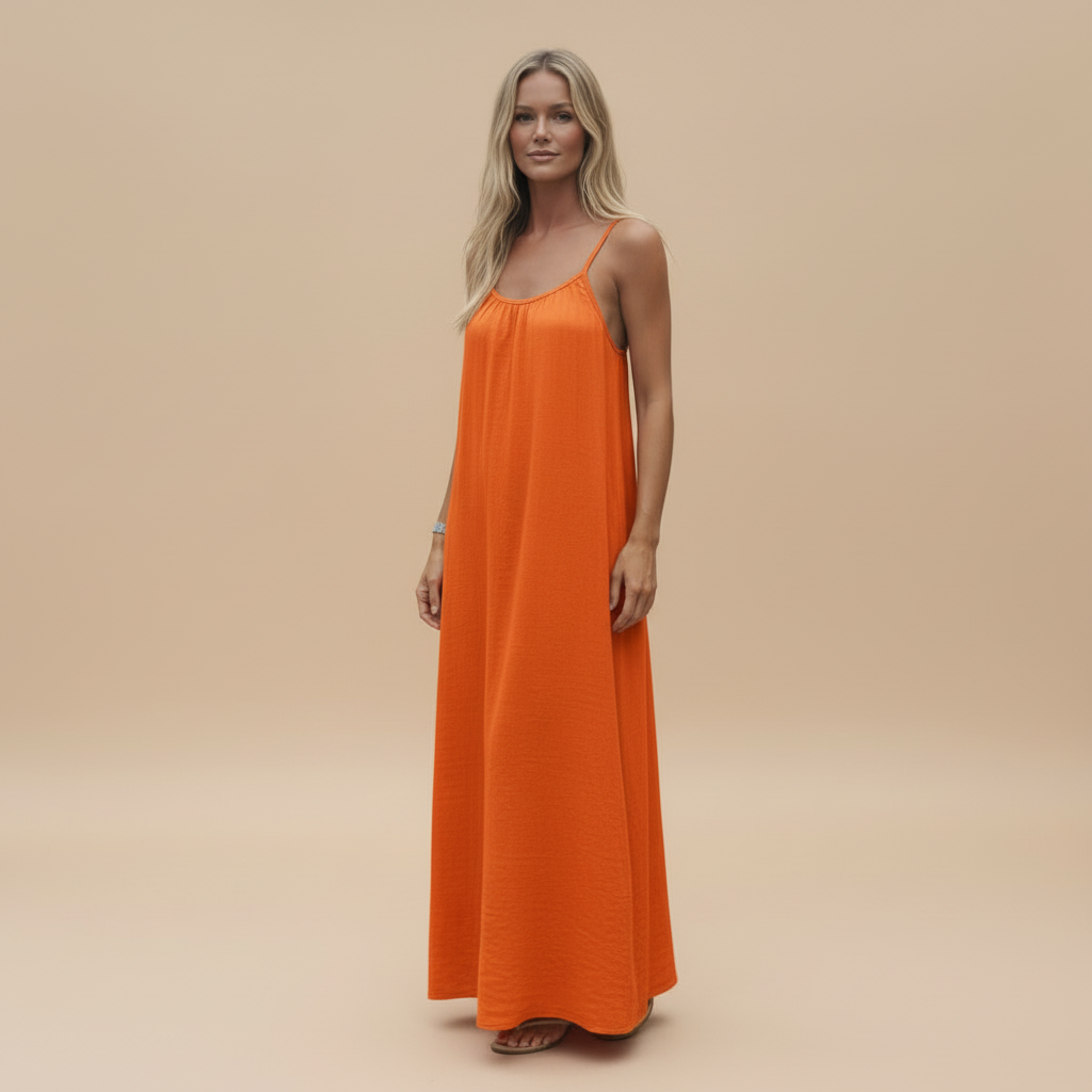 Bright orange sleeveless maxi dress with gathered neckline and comfortable straight fit