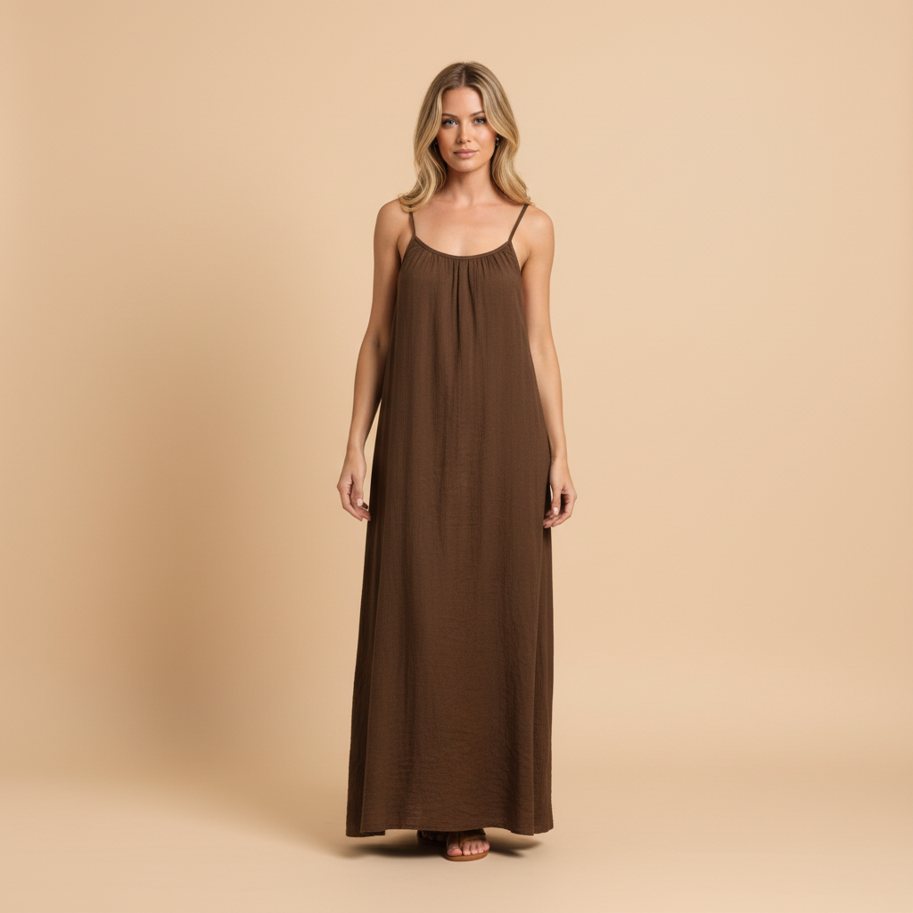 Chocolate brown sleeveless maxi dress with ruched bodice and relaxed fit