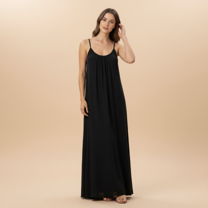Black camisole maxi dress with gathered chest and flowing silhouette
