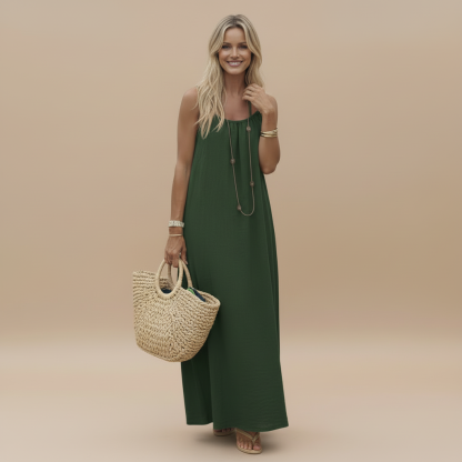 Sage green sleeveless maxi dress with ruched bodice and long hem