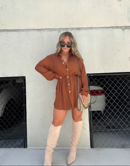 Rust brown button-front mini romper with voluminous sleeves