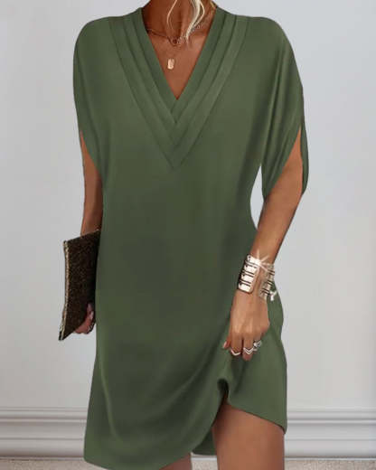 Olive green draped mini dress with V-neckline and short sleeves