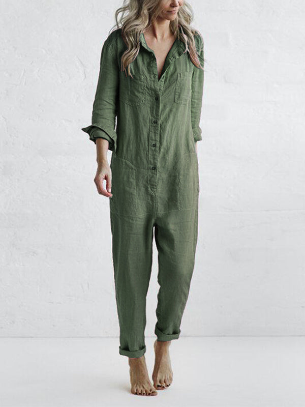 Sage green linen pocket jumpsuit with button front and rolled sleeves