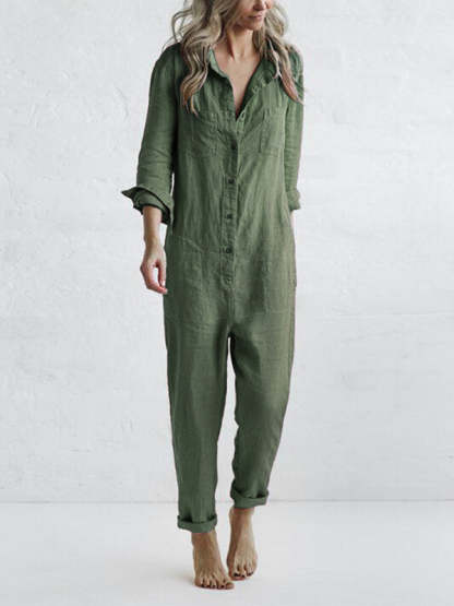 Sage green linen pocket jumpsuit with button front and rolled sleeves