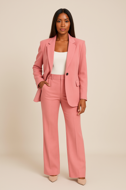 Coral pink tailored blazer pants set with high-waisted trousers for women
