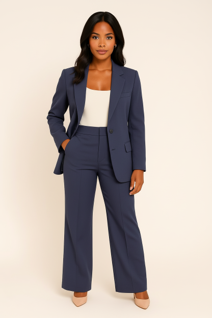 Navy tailored blazer wide-leg pants professional set for women