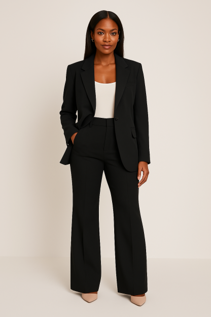 Black tailored blazer and wide-leg pants set with one-button closure for women