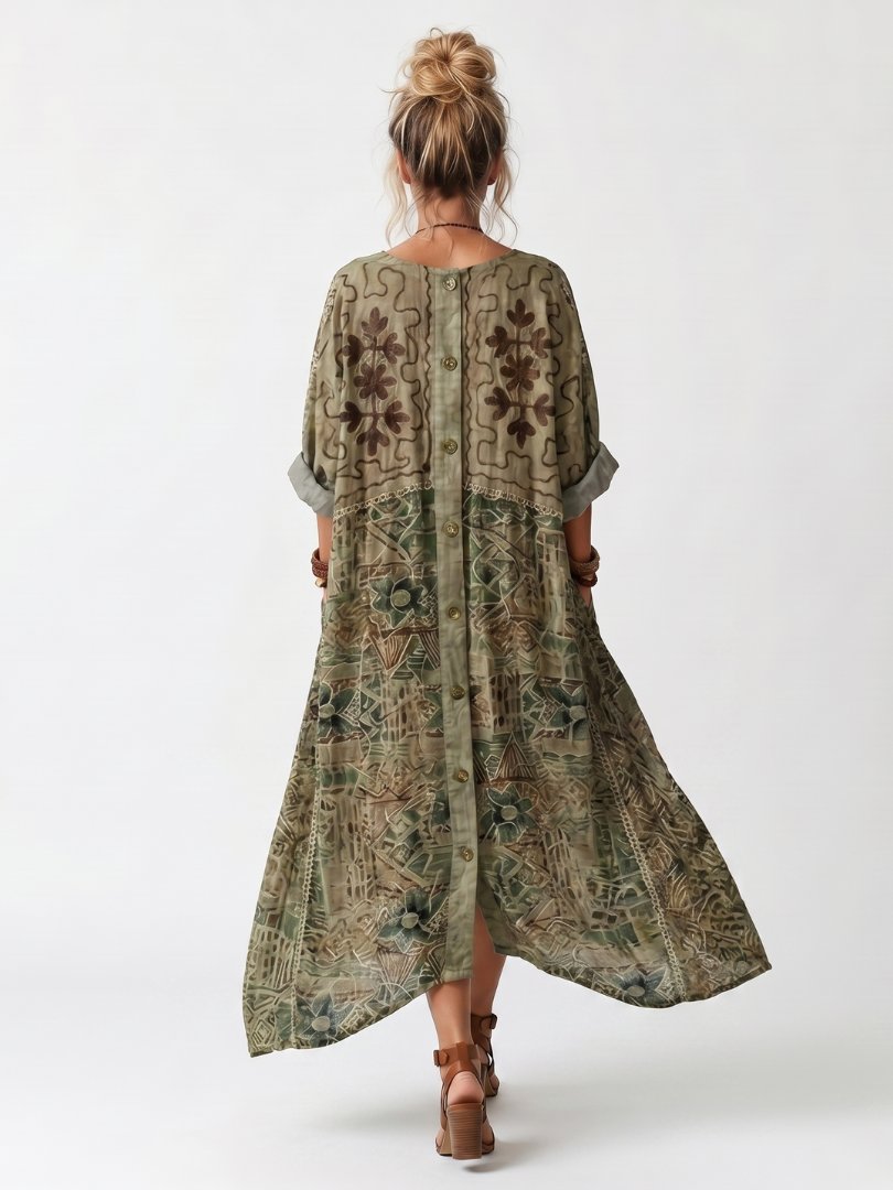 Hedy Embroidered Button-Front Maxi Dress - Olive Green Floral