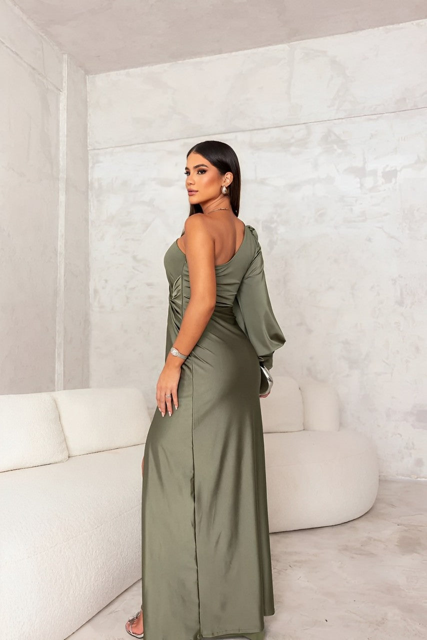 Back view of sage green maxi dress with ruched side slit