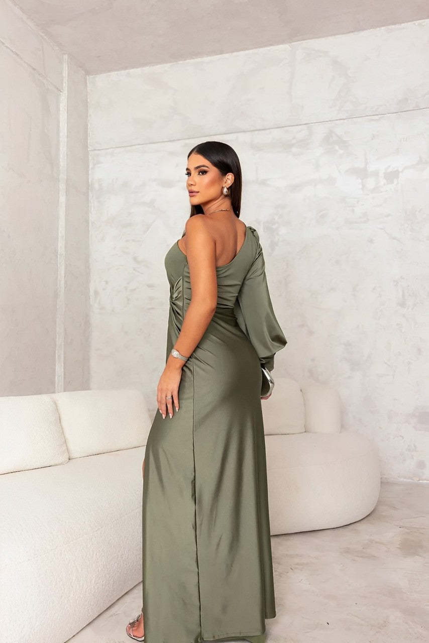 Back view of sage green maxi dress with ruched side slit