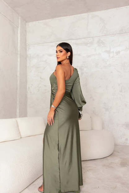 Back view of sage green maxi dress with ruched side slit