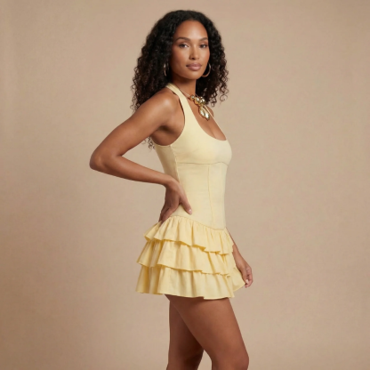 Cream ruffle mini dress with fitted bodice and tiered skirt for women