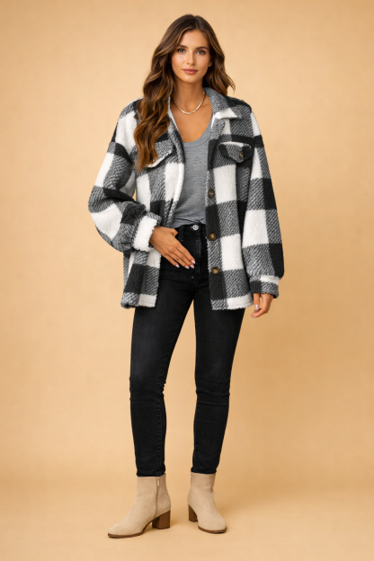 Hesper Plaid Teddy Fleece Shirt Jacket - Charcoal Plaid