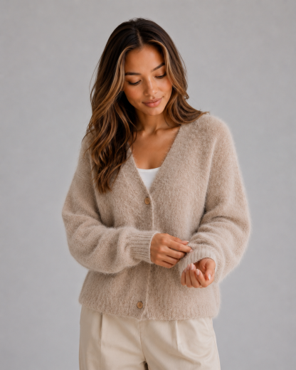 Hetta Fluffy V-Neck Button-Front Cardigan - Khaki