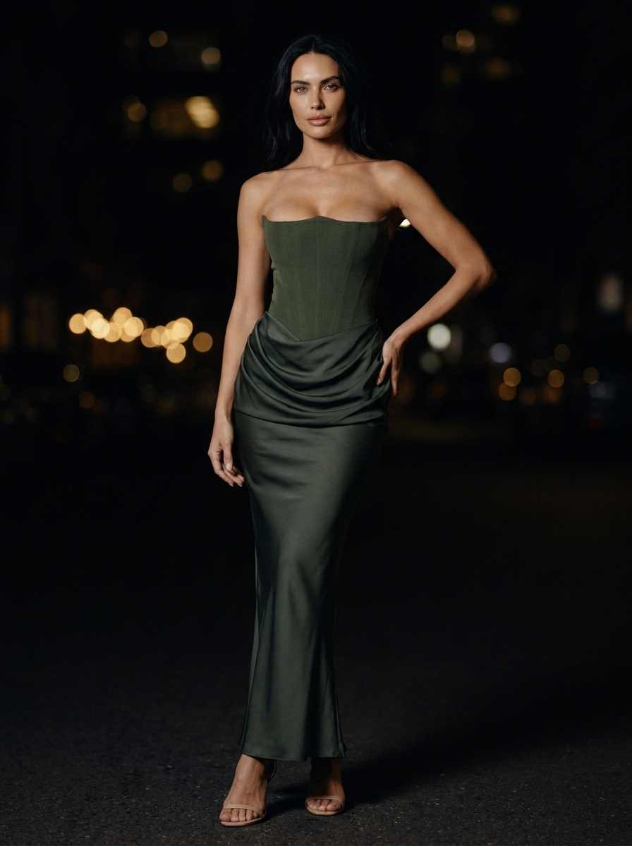 Hollyn Strapless Ruched Maxi Dress - Olive Green