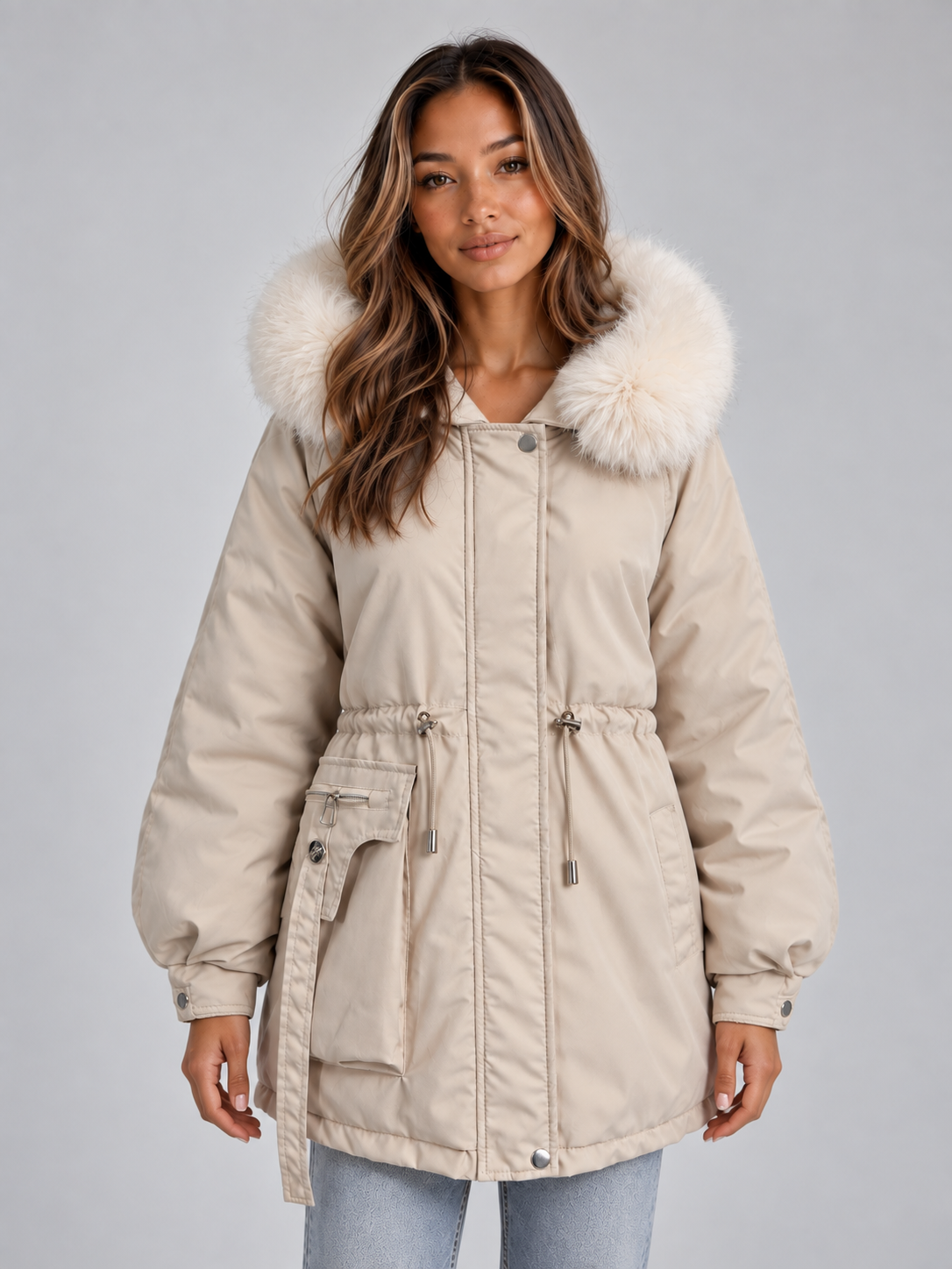 Ida Faux Fur Collar Drawstring Parka - Cream