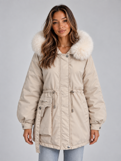 Ida Faux Fur Collar Drawstring Parka - Cream