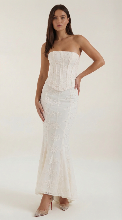 Ivory strapless corset maxi dress with floral lace applique and mermaid silhouette for women