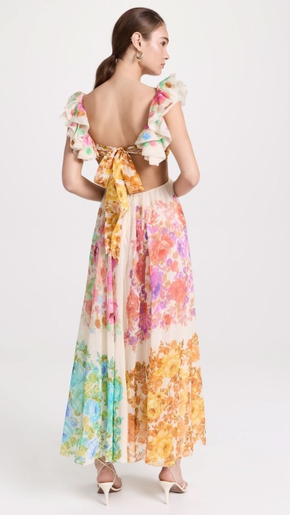 Back view of cream maxi dress showing open back with tie closure for women