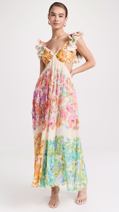 Cream floral maxi dress with V-neckline and ruffled cap sleeves for women