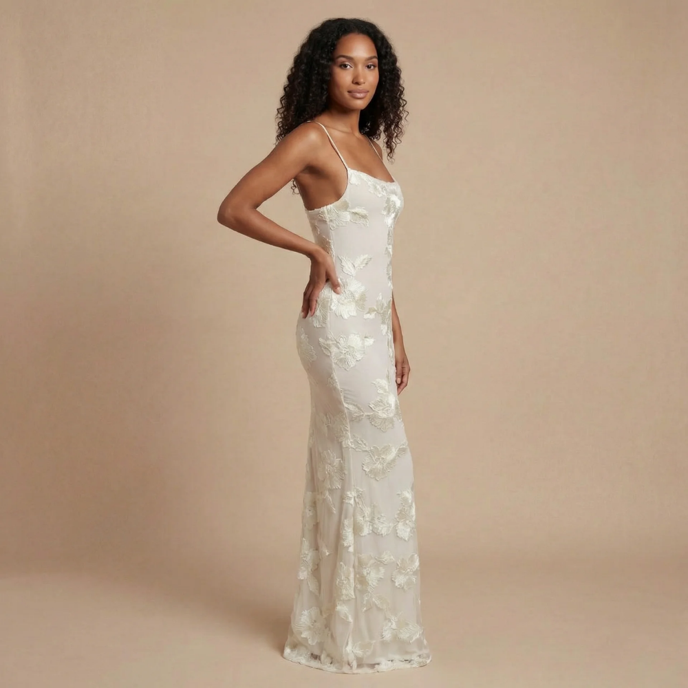 Ivory floral embellished maxi dress with square neckline and fitted silhouette for women