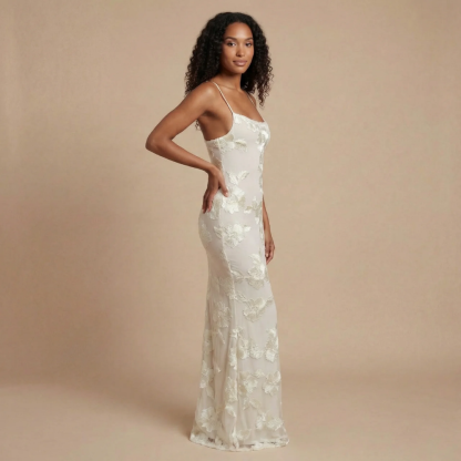 Ivory floral embellished maxi dress with square neckline and fitted silhouette for women