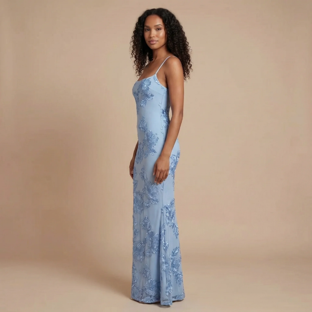 Blue floral printed bodycon maxi dress with spaghetti straps for women