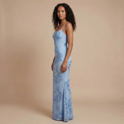 Blue floral printed bodycon maxi dress with spaghetti straps for women