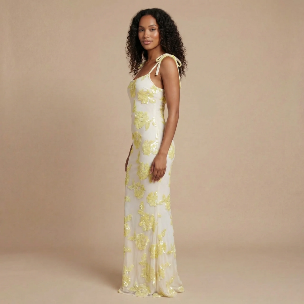 Yellow floral maxi dress with tied shoulder straps and square neckline for women