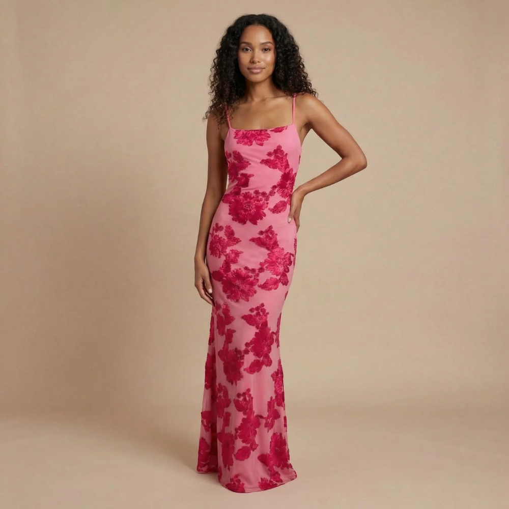 Pink floral bodycon maxi dress with square neckline and spaghetti straps for women