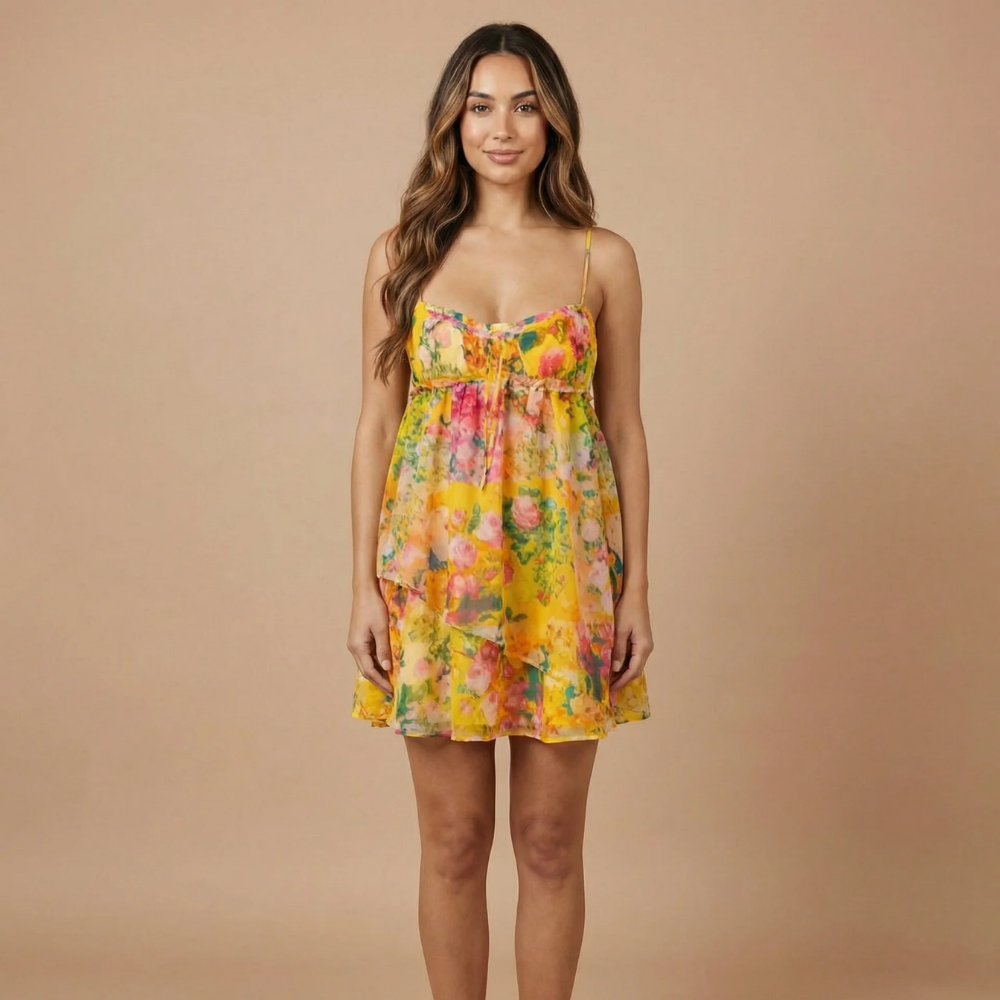 Yellow floral spaghetti strap mini dress with multicolored flowers and empire waist for women