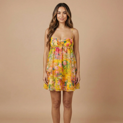 Yellow floral spaghetti strap mini dress with multicolored flowers and empire waist for women