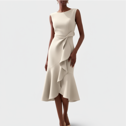 Cream sleeveless midi dress with voluminous ruffle skirt and wrap waist