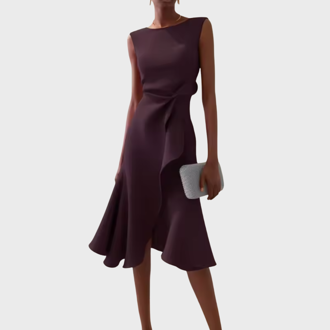 Burgundy sleeveless ruffle midi dress with asymmetrical draped skirt