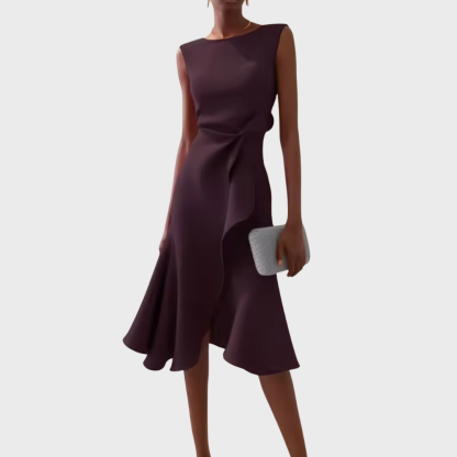 Burgundy sleeveless ruffle midi dress with asymmetrical draped skirt