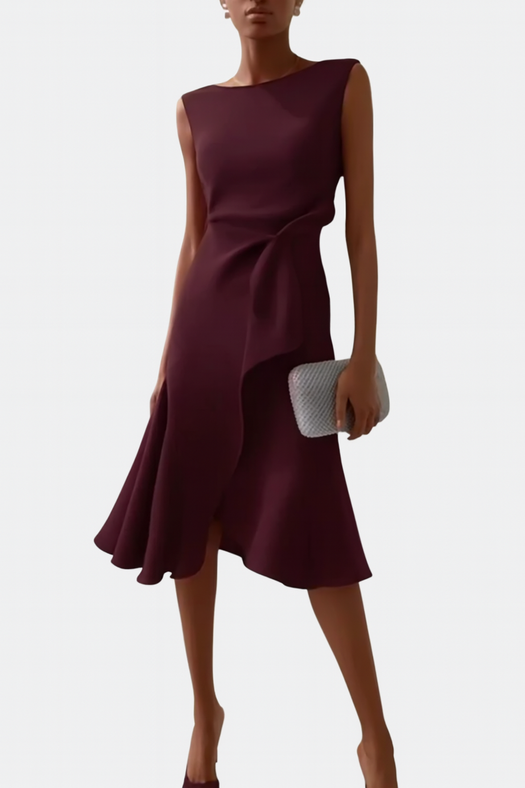 Burgundy ruffle midi dress front view with side ruffle detail
