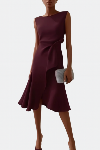 Burgundy ruffle midi dress front view with side ruffle detail