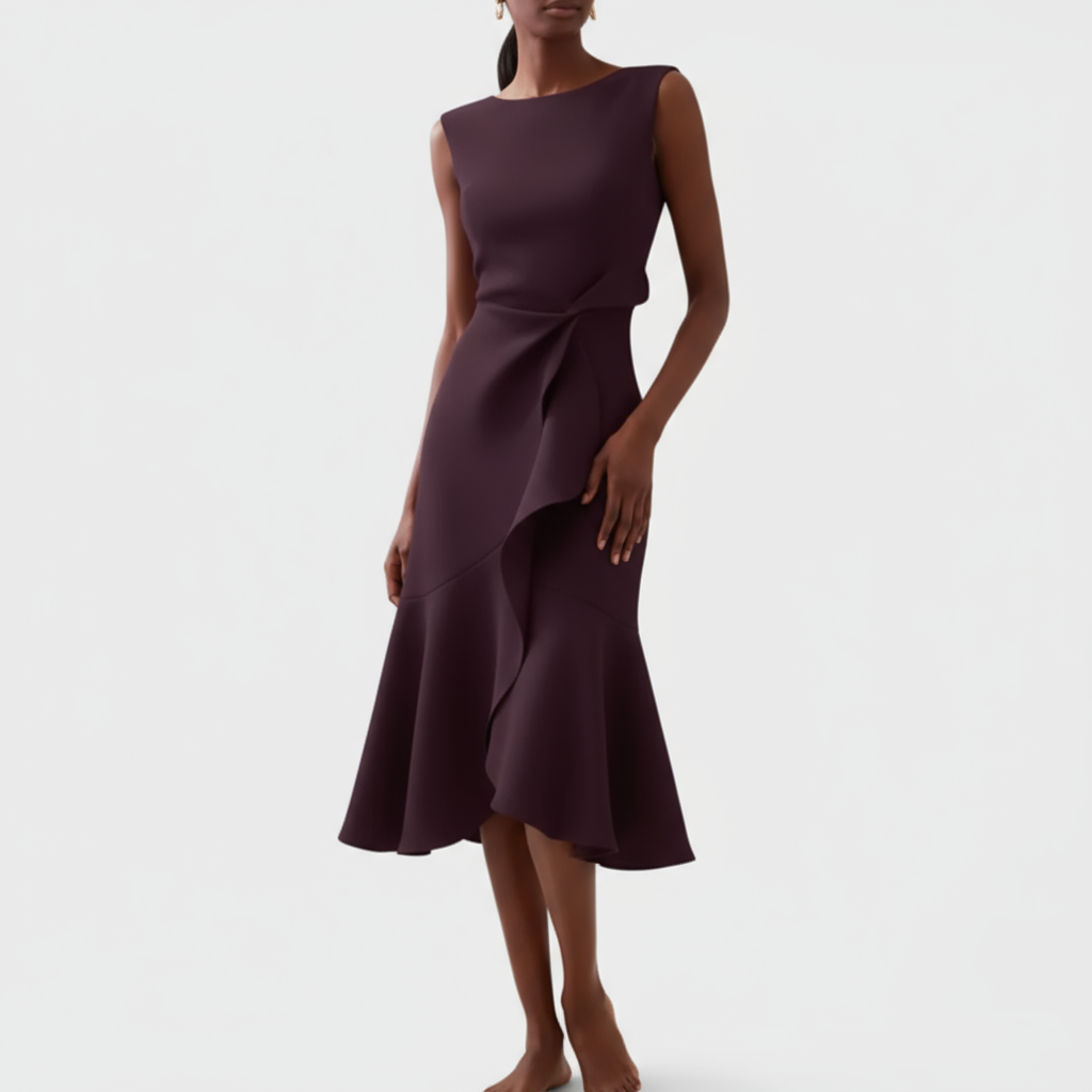 Burgundy sleeveless ruffle midi dress side profile showing ruffled hem