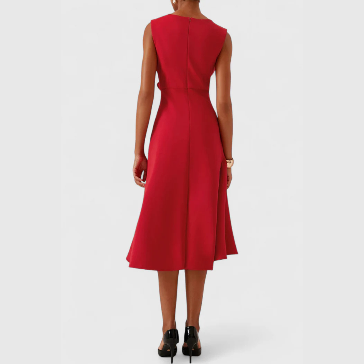 Red ruffle midi dress back view with center seam and flared skirt