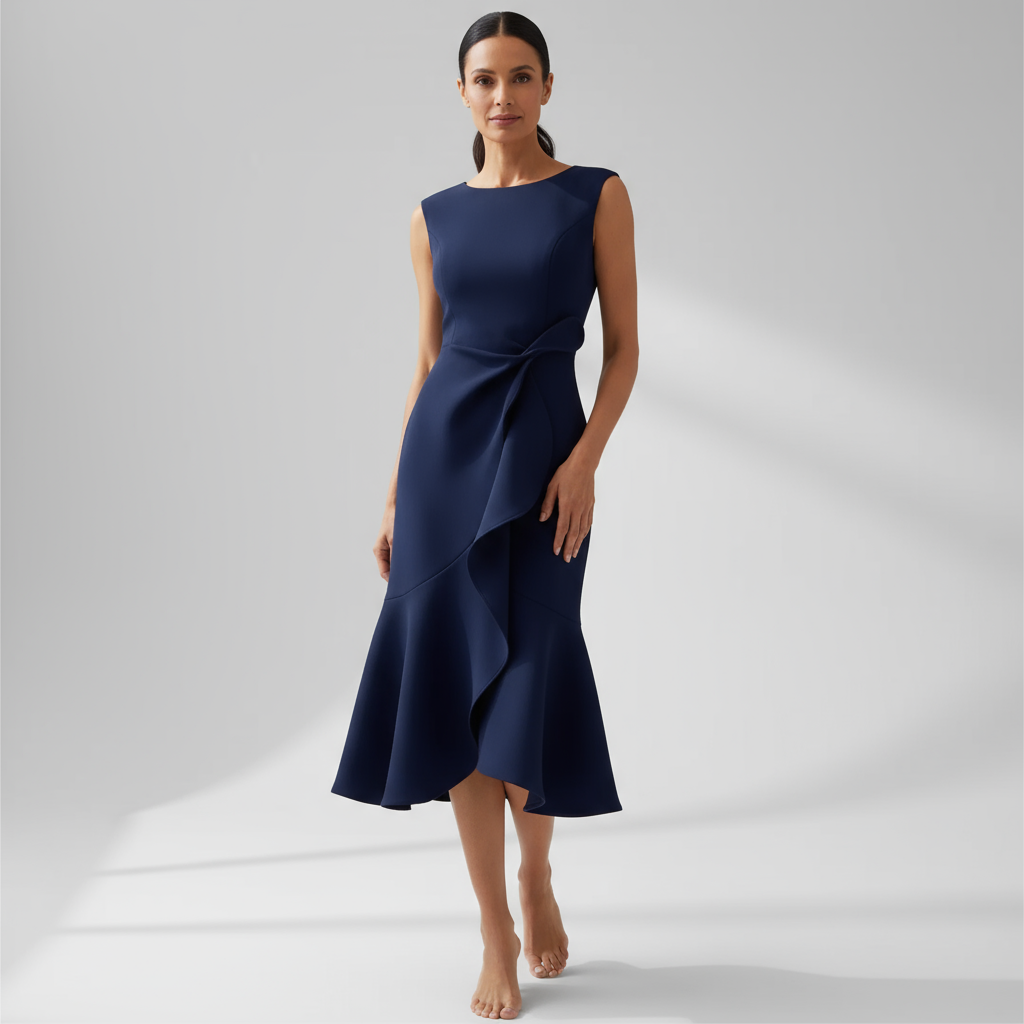 Navy blue sleeveless midi dress with side ruffle detail and wrap waist