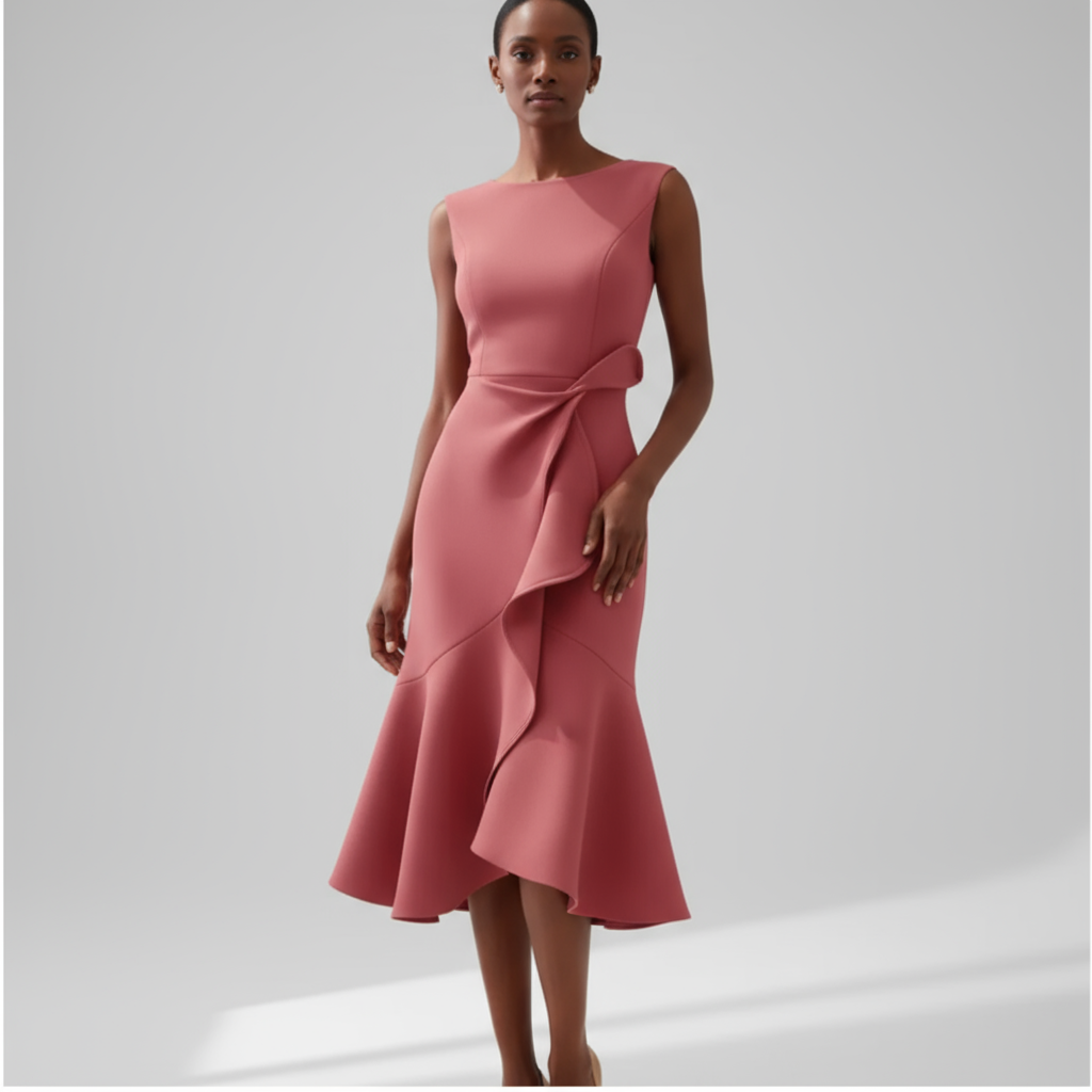 Dusty rose sleeveless midi dress with cascading ruffle front panel